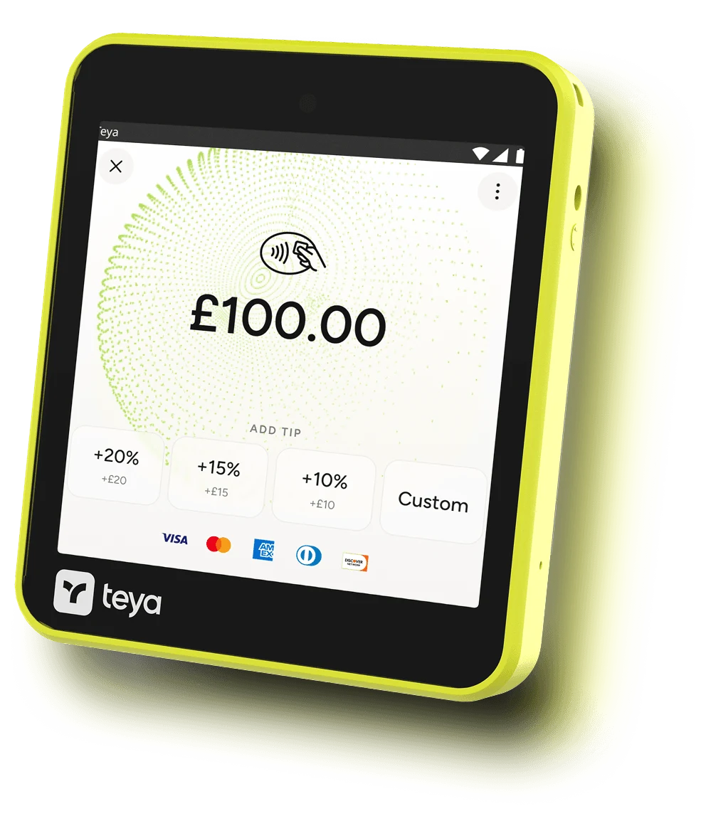 Teya Lite compact card machine showing a tip screen
